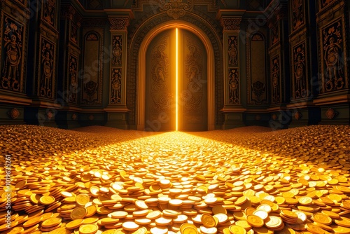 Ornate Doorway Leads to Golden Coin Treasure photo