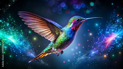 A vibrant hummingbird in flight, its iridescent plumage catching the glow of ethereal dust, a spectacle of nature's beauty and wonder.