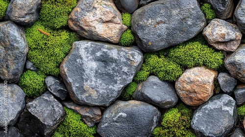 pattern green moss grown up cover the rough stones and on the floor in the forest Show with macro view Rocks full of the moss texture in nature for wallpaper : Generative AI