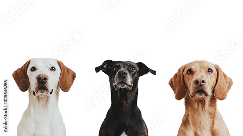 Three dogs of different breeds with expressive faces against a white background. photo