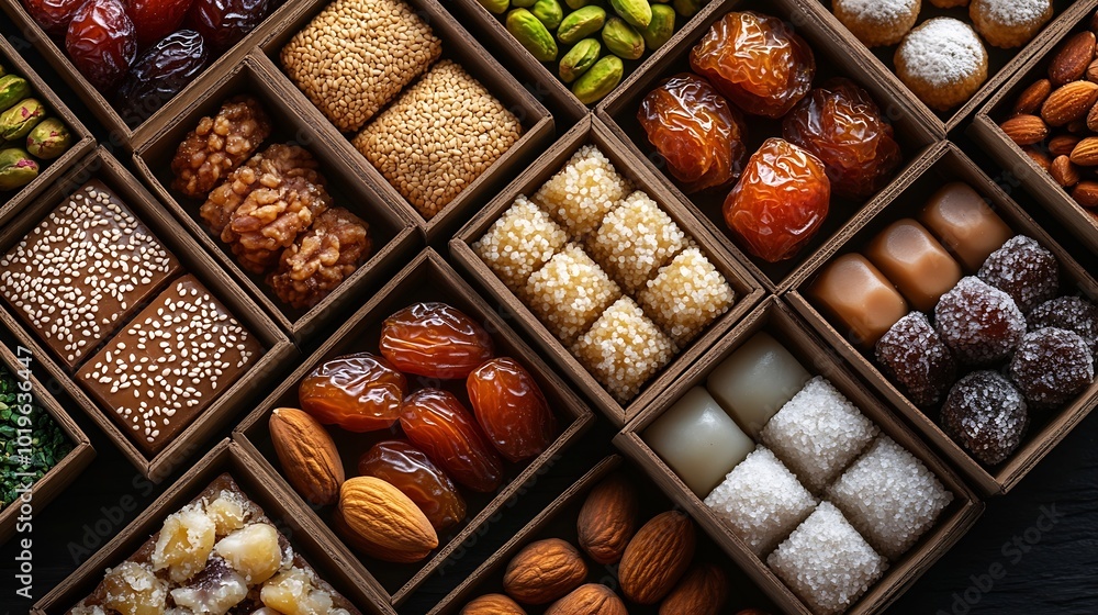 Arabic sweets boxes Pictured from above showing several shapes and types of sweets with sesame pistachios dates and walnuts : Generative AI Arabic sweets boxes Pictured from above showing several shapes and types of sweets with sesame pistachios dates and walnuts : Generative AI