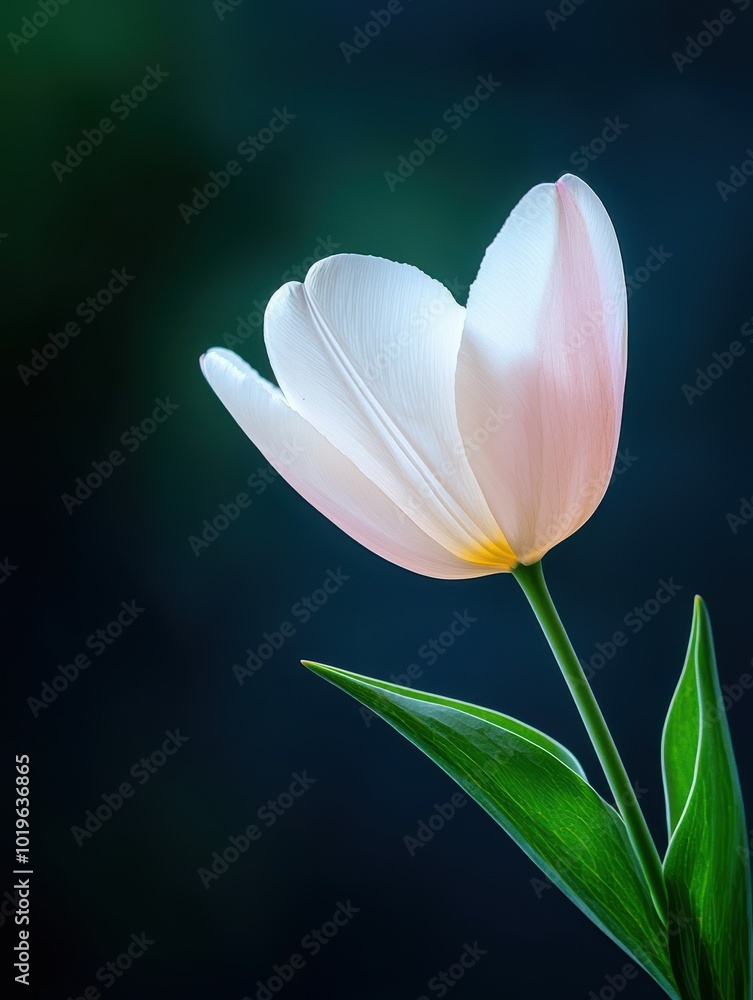 Fototapeta premium Elegant white tulip with soft pink hues against a blurred dark background.
