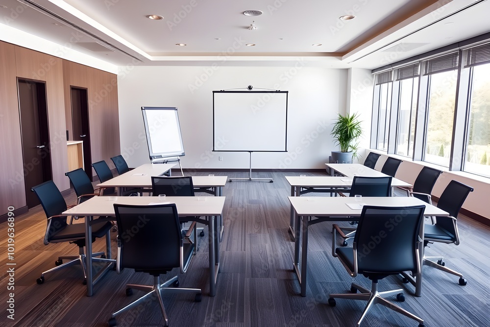 Modern Conference Room Setup with Tables and Chairs Modern Conference Room Setup with Tables and Chairs