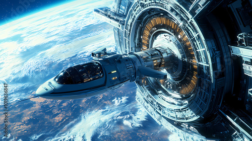 Fototapeta Naklejka Na Ścianę i Meble -  Ai-powered space tourism spacecraft docking at an orbital station: tourists in a futuristic spaceship preparing to dock at a luxurious space hotel. Starship Dock. Illustration