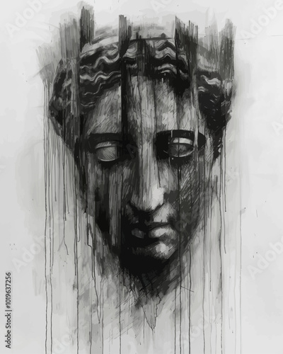 Pencil Sketch of a Woman's Face with Dripping Ink  
