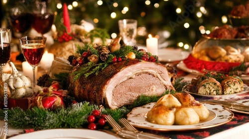 Festive Holiday Feast with Meat and Side Dishes