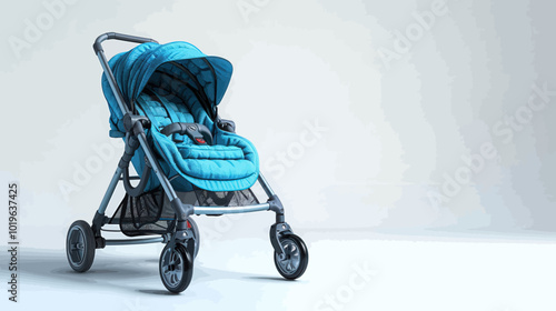 Blue Baby Stroller on White Background 
