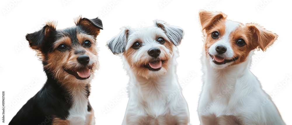 Three happy dogs smiling against a white isolated background. Three happy dogs smiling against a white isolated background.