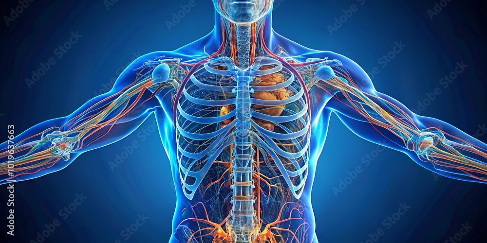 A Transparent Representation of the Human Thoracic Cavity Revealing the Intricate Network of Bones, Muscles, and Blood Vessels A Transparent Representation of the Human Thoracic Cavity Revealing the Intricate Network of Bones, Muscles, and Blood Vessels