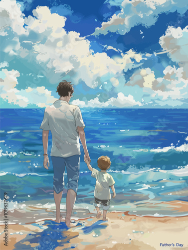 Father and Son Walking on Beach 
