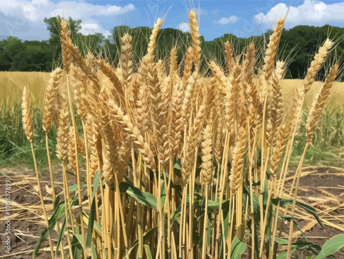 Wheat stalks in a field on a sunny day. 
