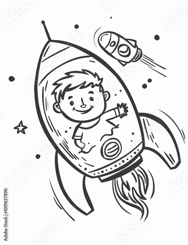 Boy Flying Through Space in Rocket