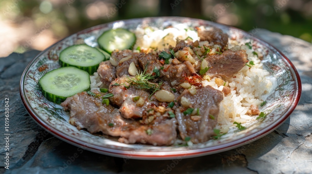 Delicious Plate of Meat and Rice with Fresh Vegetables Delicious Plate of Meat and Rice with Fresh Vegetables