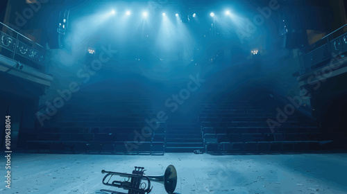 Trumpet on Empty Stage with Blue Lights