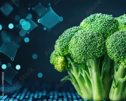 Fresh green broccoli on a dark background with blurred digital elements, showcasing healthy eating and nutrition. photo