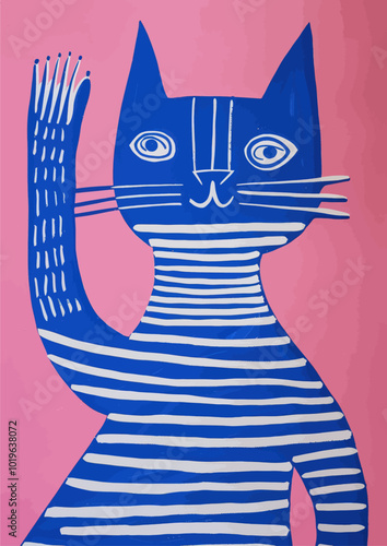 Blue Striped Cat Illustration  
