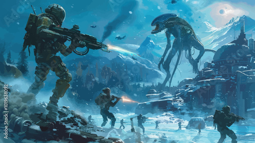 Soldiers fighting an alien in snowy landscape 
