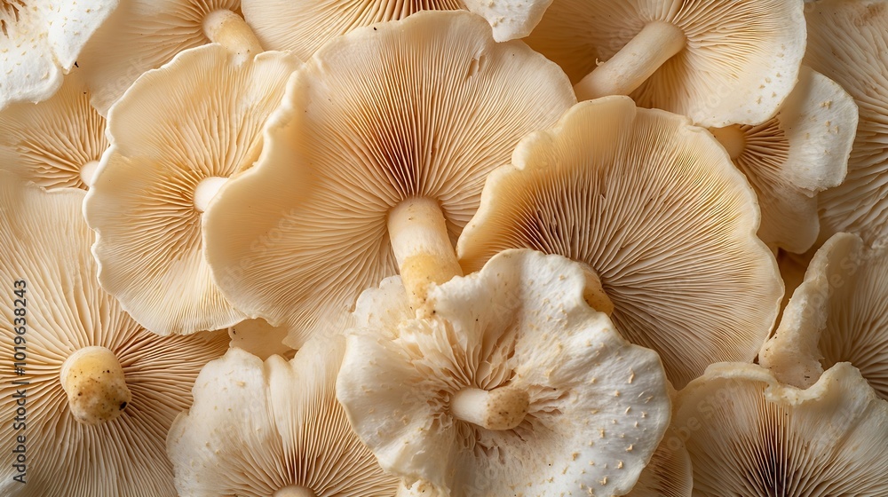 Closeup view of theunderside of pile clitocybe mushrooms Closeup of beige mushrooms texture background : Generative AI Closeup view of theunderside of pile clitocybe mushrooms Closeup of beige mushrooms texture background : Generative AI