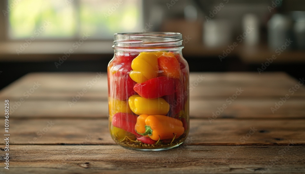 A jar filled with colorful mini bell peppers submerged in oil, showcasing a vibrant and appetizing preservation method. A jar filled with colorful mini bell peppers submerged in oil, showcasing a vibrant and appetizing preservation method.