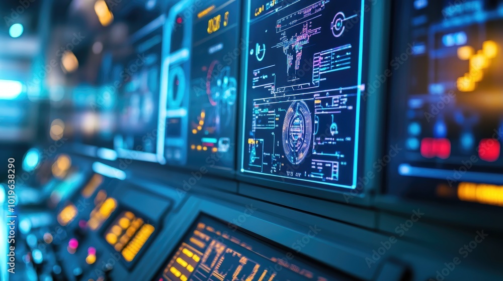 Obraz premium High-Tech Control Panel with Digital Displays and Data