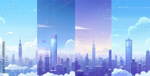 Cityscape with clouds and skyscrapers, four different times of day 
