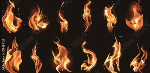 Dynamic Flame Illustrations: Set of 12 Intricately Designed Fire Elements