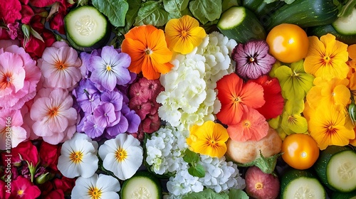 Nutritious edible flowers roses geranium hydrangea zucchini squash nasturtium and plumbago that add flavor texture and color to meals Creative layout flatlay : Generative AI photo