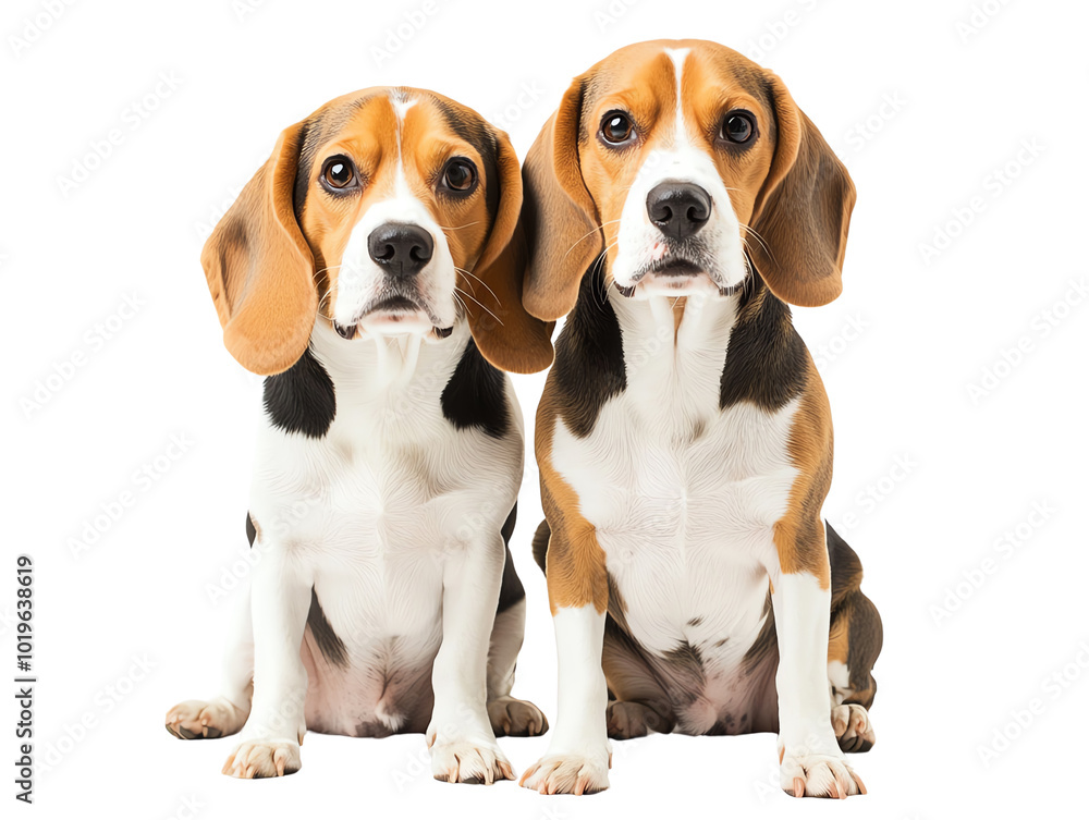 Two beagle dogs, sitting together, isolated on a white background. Two beagle dogs, sitting together, isolated on a white background.
