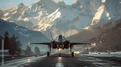 Fighter Jet on Runway with Mountains in Background 
