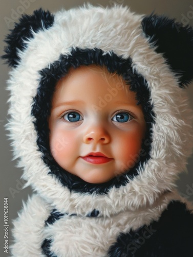 a baby wearing a panda bear fluffy costume photo