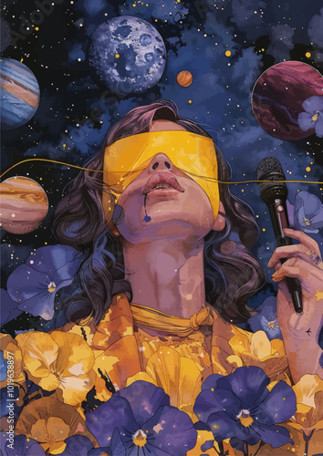 Woman with Yellow Blindfold Holding Microphone 
