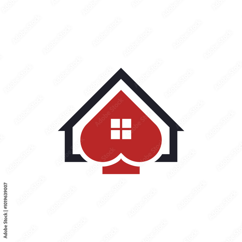 Fototapeta premium A logo featuring a house shape with a heart-shaped center. The house is outlined in black with a red heart and a white window.