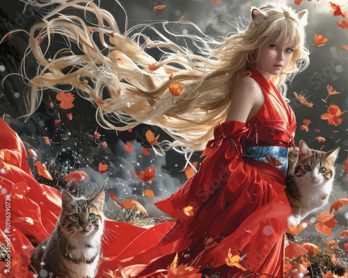 Woman with Cats in Autumn Snow