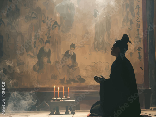 Silhouette of a person praying in a temple with candles and incense smoke