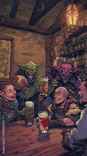 Fantasy Tavern Gathering: Elves and Goblins Cheers with Drinks