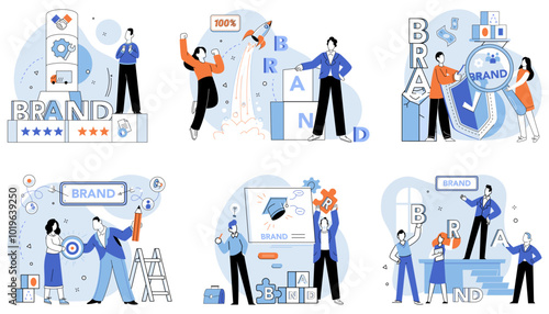 Brand building vector illustration. Brand identity, mosaic, creates visual and emotional tapestry in process brand building Brand, conductor, orchestrates symphony elements during brand-building