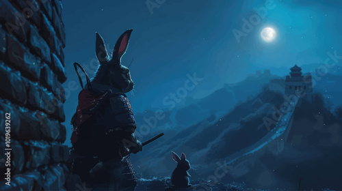 Rabbit Samurai Under Moonlit Sky 
