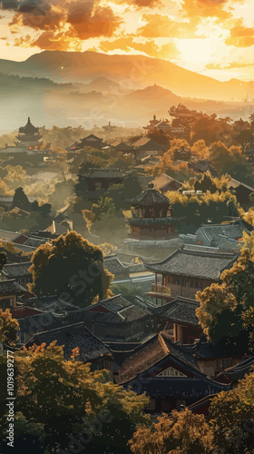 Sunset Over Traditional Chinese Architecture  
