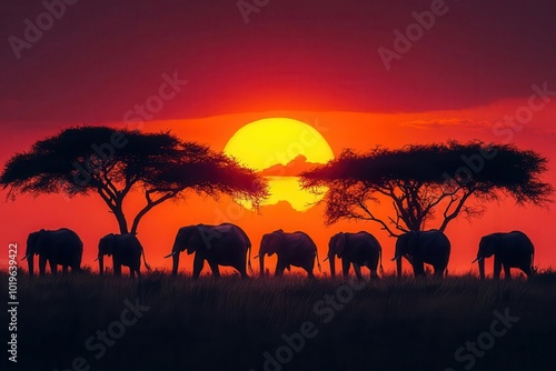 silhouette of majestic elephant herd traversing golden savanna at dusk backlit by a vibrant orange sun with sparse acacia trees dotting the foreground