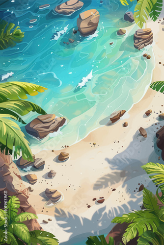 Tropical Beach with Palm Trees and Rocks 
