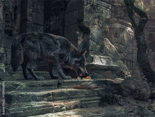 Wolf Guarding Ruins 
