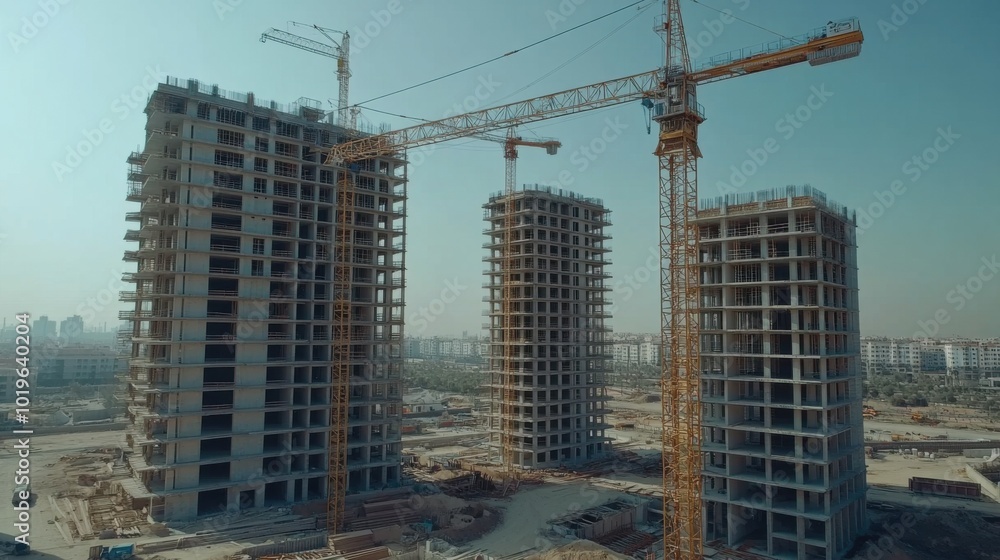 Construction of a multi-storey residential building with cranes. Construction of a multi-storey residential building with cranes.
