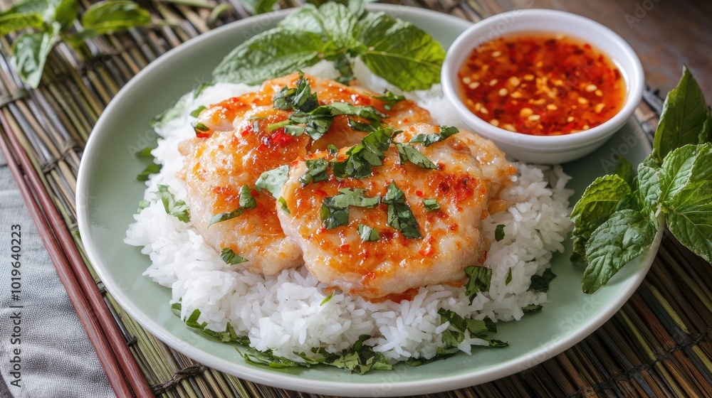 Savory Fish Cakes on Rice with Spicy Sauce Savory Fish Cakes on Rice with Spicy Sauce