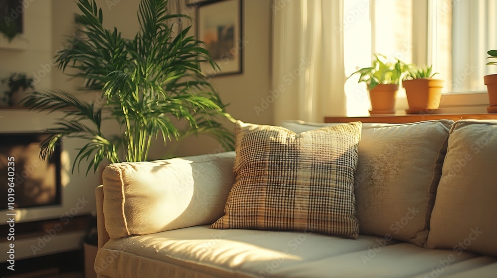 Naklejka premium Living room with scandinavian interior comfortable couch with pillows and soft plaid near window green plant in pots and picture on wall shelf Stylish apartment with design in light to : Generative AI
