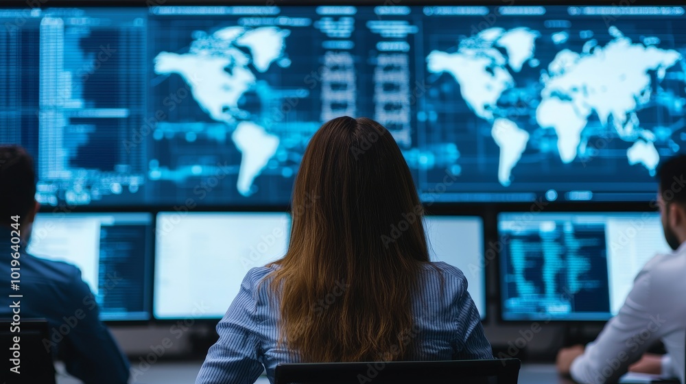A person sits in front of multiple screens displaying global data and analytics in a high-tech environment. A person sits in front of multiple screens displaying global data and analytics in a high-tech environment.