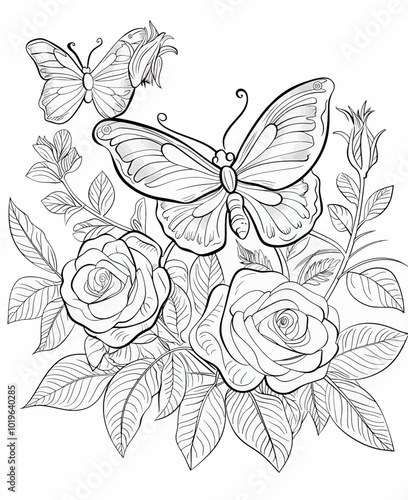 Butterflies and Roses Coloring Page 
