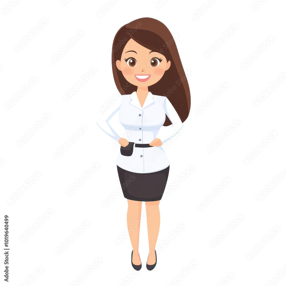 A cheerful office woman in a fullbody pose, showcasing a warm smile in a clean, flat illustration style. A cheerful office woman in a fullbody pose, showcasing a warm smile in a clean, flat illustration style.