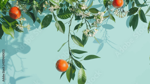 Citrus Branch with Flowers and Fruit on Blue Background
