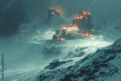 Futuristic City in Snowy Mountains  
