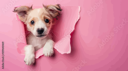 Puppy Peeking Through Pink Paper 
